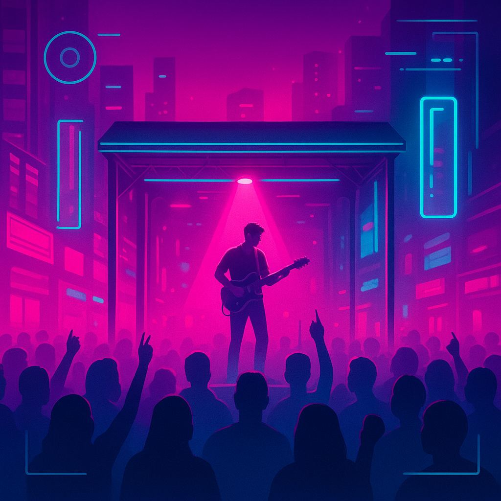 PulsePlay hero visual: night scene with performers and neon HUD